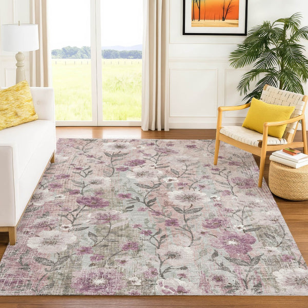 HomeRoots 9' X 12' Elegant Blush, Silver & Mauve Floral Rug - Durable, Washable for Indoor & Outdoor Spaces! 690625