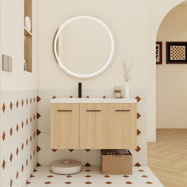 English Elm 36" Floating Bathroom Vanity Light Oak Modular Cabinet with Gel Coat Integrated Sink W3450S00076