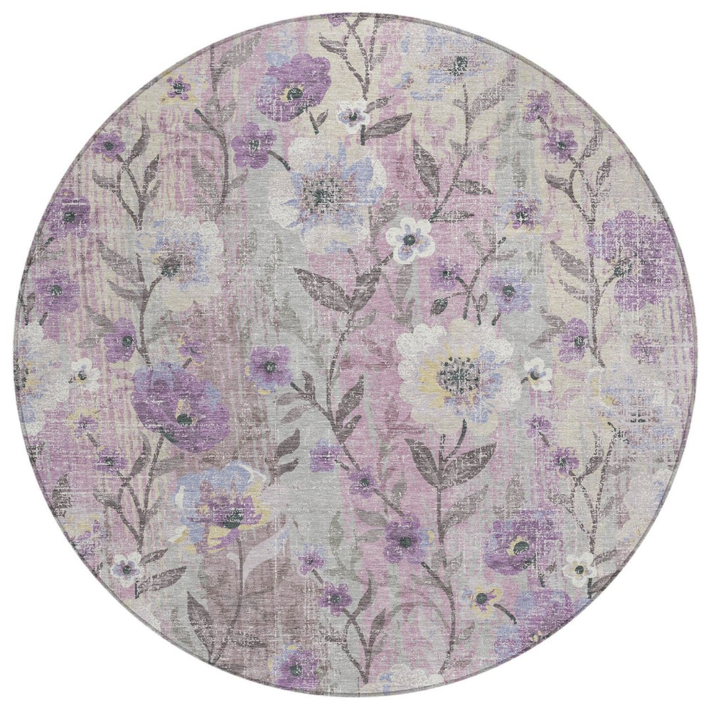 HomeRoots 8' Lilac Ivory Beige Round Floral Area Rug - Durable, Washable, Perfect for Indoor & Outdoor Spaces! 690629