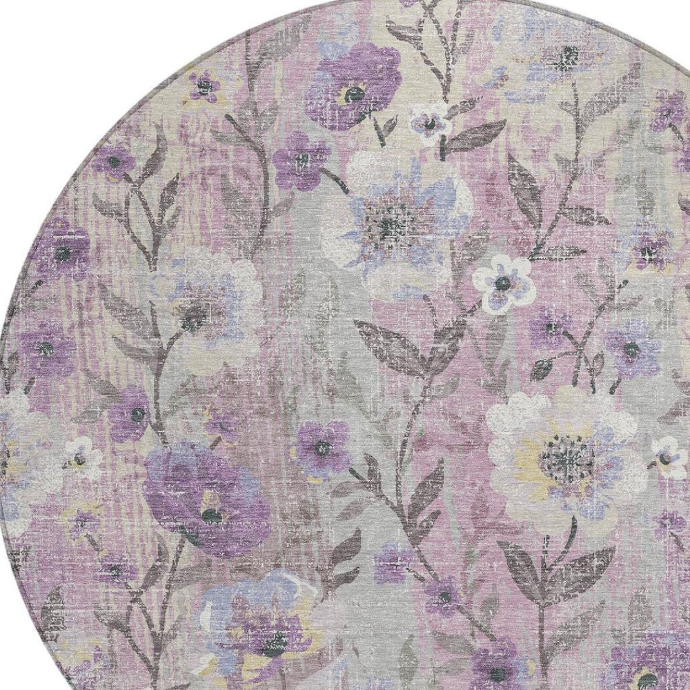 HomeRoots 8' Lilac Ivory Beige Round Floral Area Rug - Durable, Washable, Perfect for Indoor & Outdoor Spaces! 690629