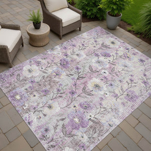 HomeRoots 10' Lilac Ivory & Beige Floral Area Rug - Washable, Durable, Perfect for Indoor & Outdoor Spaces! 690632