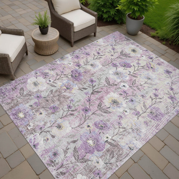 HomeRoots 10' Lilac Ivory & Beige Floral Area Rug - Washable, Durable, Perfect for Indoor & Outdoor Spaces! 690632