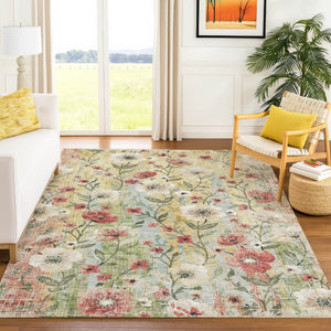 HomeRoots 5' Stylish Tan, Red & Wheat Floral Washable Area Rug - Durable Indoor/Outdoor Design for Any Space 690634