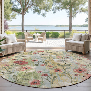 HomeRoots 8' Round Floral Area Rug - Tan, Red & Wheat | Washable, Stain-Resistant, Indoor & Outdoor Use 690635