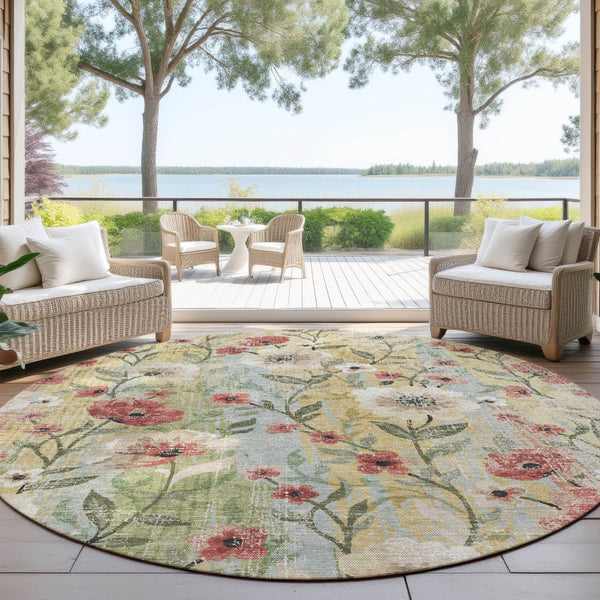 HomeRoots 8' Round Floral Area Rug - Tan, Red & Wheat | Washable, Stain-Resistant, Indoor & Outdoor Use 690635