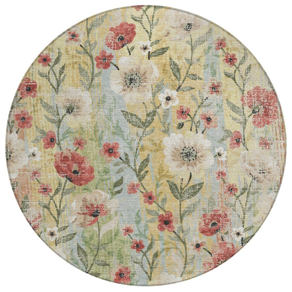 HomeRoots 8' Round Floral Area Rug - Tan, Red & Wheat | Washable, Stain-Resistant, Indoor & Outdoor Use 690635