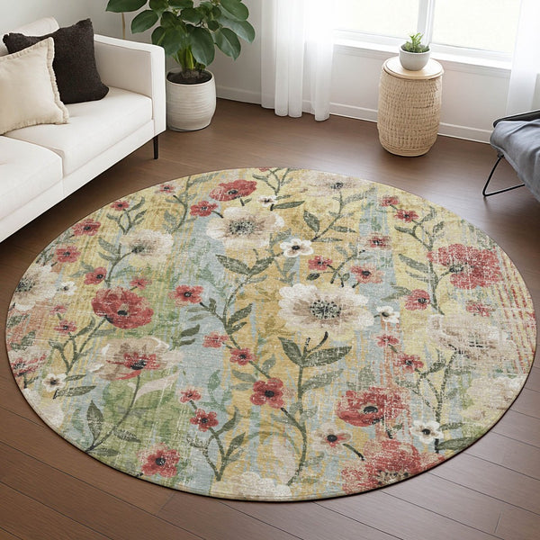HomeRoots 8' Round Floral Area Rug - Tan, Red & Wheat | Washable, Stain-Resistant, Indoor & Outdoor Use 690635