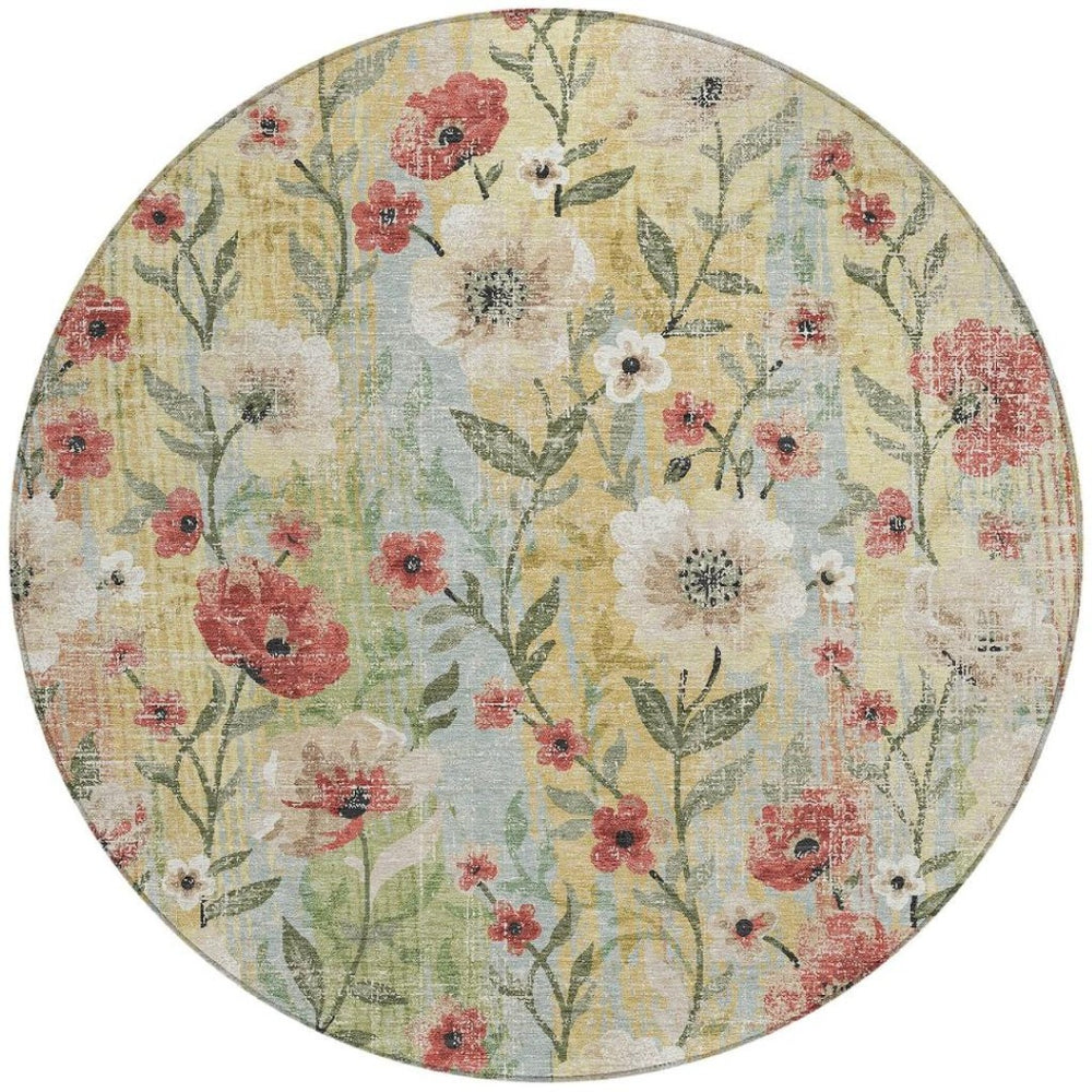 HomeRoots 8' Round Floral Area Rug - Tan, Red & Wheat | Washable, Stain-Resistant, Indoor & Outdoor Use 690635