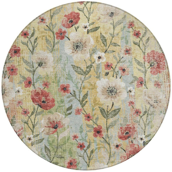 HomeRoots 8' Round Floral Area Rug - Tan, Red & Wheat | Washable, Stain-Resistant, Indoor & Outdoor Use 690635