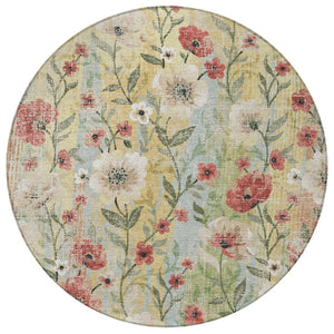 HomeRoots 8' Round Floral Area Rug - Tan, Red & Wheat | Washable, Stain-Resistant, Indoor & Outdoor Use 690635
