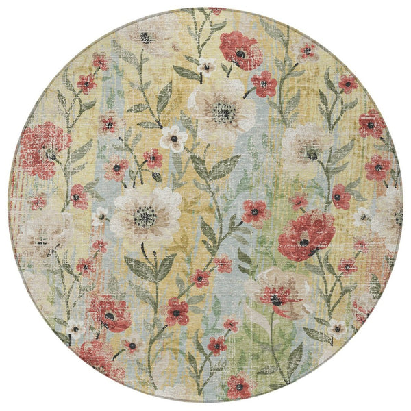 HomeRoots 8' Round Floral Area Rug - Tan, Red & Wheat | Washable, Stain-Resistant, Indoor & Outdoor Use 690635