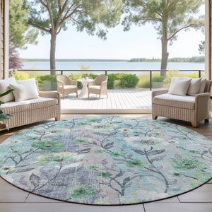HomeRoots 8' Teal Blue & Pewter Round Floral Rug - Elegant, Washable Indoor/Outdoor Accent for Any Space! 690641