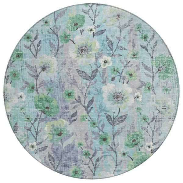 HomeRoots 8' Teal Blue & Pewter Round Floral Rug - Elegant, Washable Indoor/Outdoor Accent for Any Space! 690641