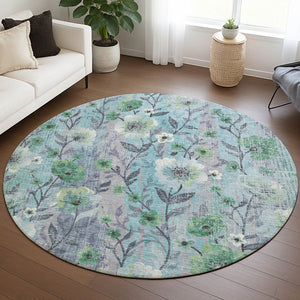 HomeRoots 8' Teal Blue & Pewter Round Floral Rug - Elegant, Washable Indoor/Outdoor Accent for Any Space! 690641
