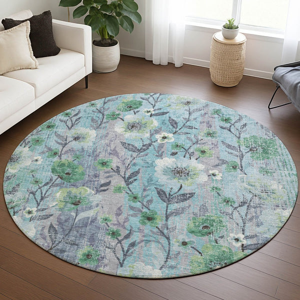 HomeRoots 8' Teal Blue & Pewter Round Floral Rug - Elegant, Washable Indoor/Outdoor Accent for Any Space! 690641