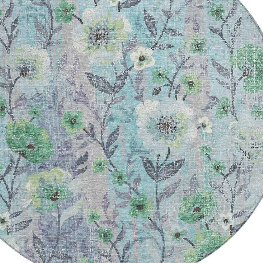 HomeRoots 8' Teal Blue & Pewter Round Floral Rug - Elegant, Washable Indoor/Outdoor Accent for Any Space! 690641