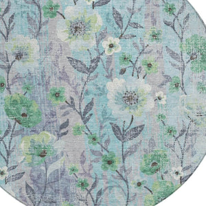 HomeRoots 8' Teal Blue & Pewter Round Floral Rug - Elegant, Washable Indoor/Outdoor Accent for Any Space! 690641