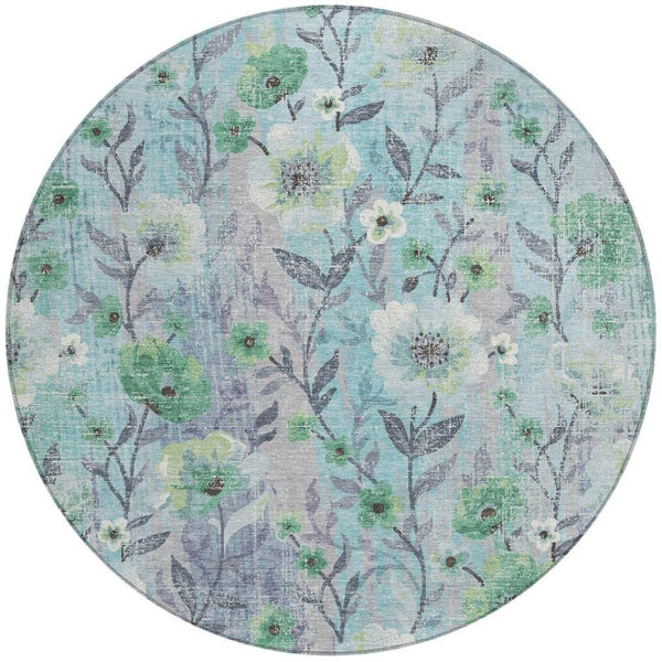 HomeRoots 8' Teal Blue & Pewter Round Floral Rug - Elegant, Washable Indoor/Outdoor Accent for Any Space! 690641
