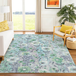 HomeRoots 9' X 12' Teal Blue Floral Area Rug - Durable, Washable Design for Indoor & Outdoor Spaces, Stylish! 690643