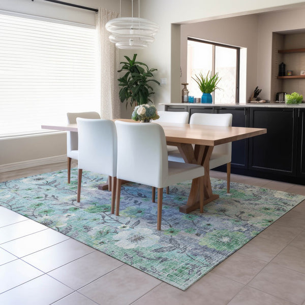 HomeRoots 9' X 12' Teal Blue Floral Area Rug - Durable, Washable Design for Indoor & Outdoor Spaces, Stylish! 690643