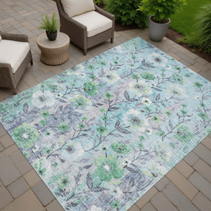 HomeRoots 9' X 12' Teal Blue Floral Area Rug - Durable, Washable Design for Indoor & Outdoor Spaces, Stylish! 690643
