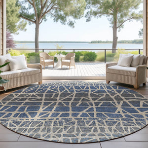 HomeRoots 8' Round Geometric Rug in Blue Beige and Gray – Washable, Durable, Indoor/Outdoor Use for Any Space 690647