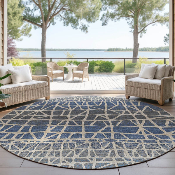 HomeRoots 8' Round Geometric Rug in Blue Beige and Gray – Washable, Durable, Indoor/Outdoor Use for Any Space 690647