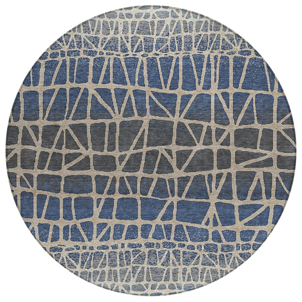 HomeRoots 8' Round Geometric Rug in Blue Beige and Gray – Washable, Durable, Indoor/Outdoor Use for Any Space 690647