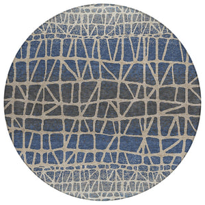 HomeRoots 8' Round Geometric Rug in Blue Beige and Gray – Washable, Durable, Indoor/Outdoor Use for Any Space 690647