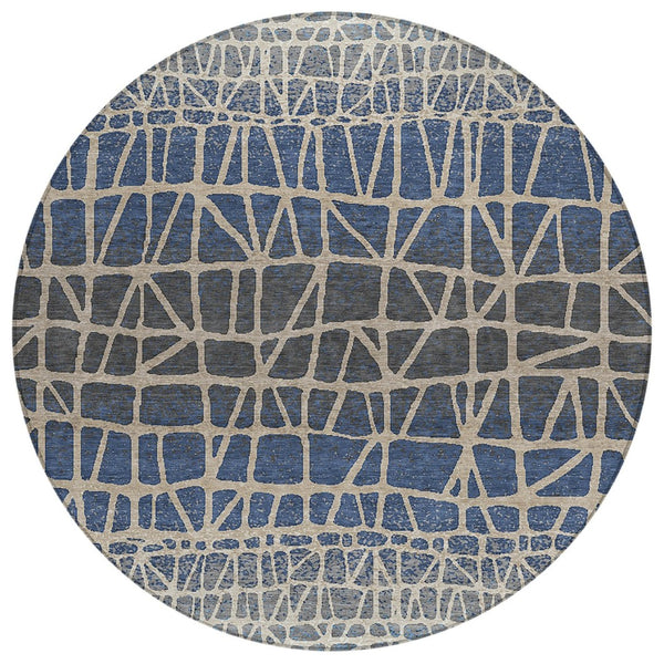 HomeRoots 8' Round Geometric Rug in Blue Beige and Gray – Washable, Durable, Indoor/Outdoor Use for Any Space 690647