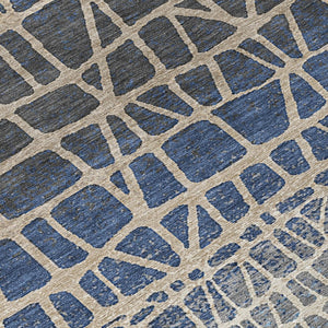 HomeRoots 8' Round Geometric Rug in Blue Beige and Gray – Washable, Durable, Indoor/Outdoor Use for Any Space 690647
