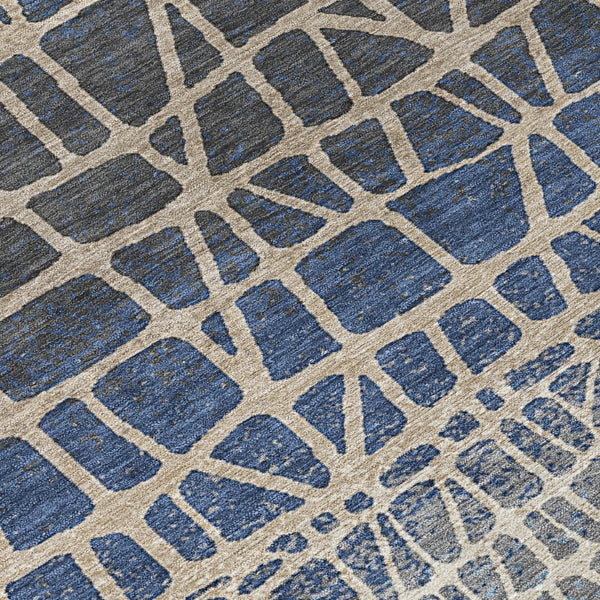HomeRoots 8' Round Geometric Rug in Blue Beige and Gray – Washable, Durable, Indoor/Outdoor Use for Any Space 690647