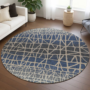 HomeRoots 8' Round Geometric Rug in Blue Beige and Gray – Washable, Durable, Indoor/Outdoor Use for Any Space 690647