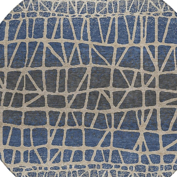 HomeRoots 8' Round Geometric Rug in Blue Beige and Gray – Washable, Durable, Indoor/Outdoor Use for Any Space 690647