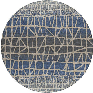 HomeRoots 8' Round Geometric Rug in Blue Beige and Gray – Washable, Durable, Indoor/Outdoor Use for Any Space 690647