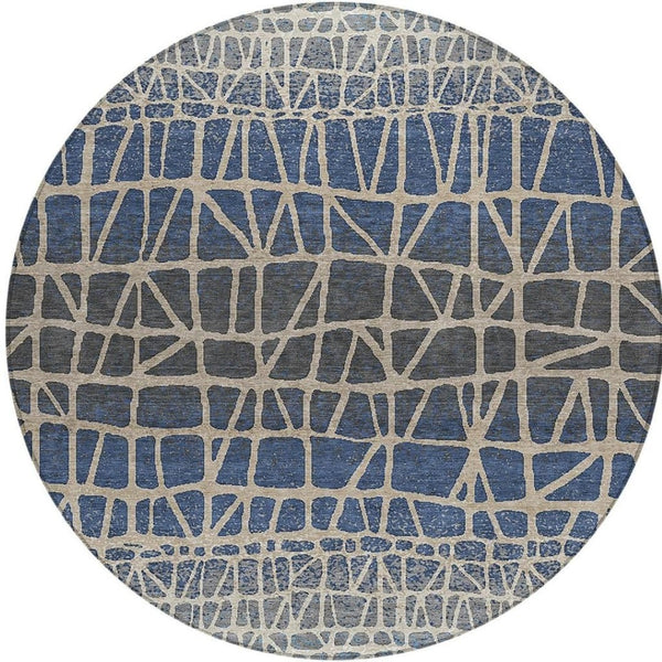 HomeRoots 8' Round Geometric Rug in Blue Beige and Gray – Washable, Durable, Indoor/Outdoor Use for Any Space 690647