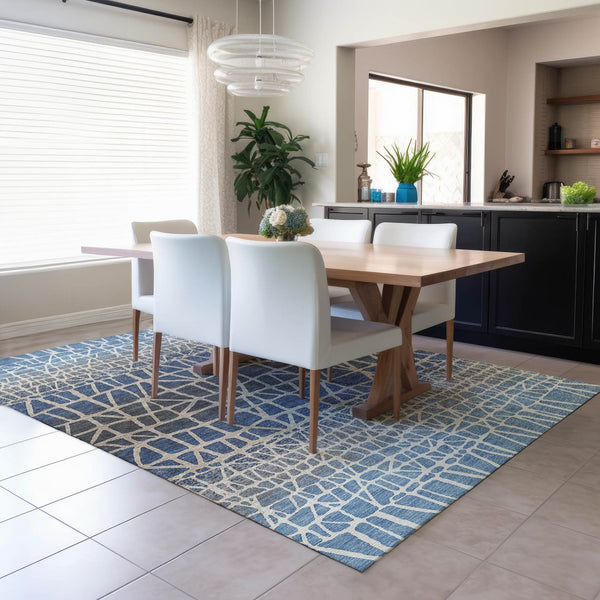HomeRoots 8' X 10' Stylish Blue Beige Gray Geometric Indoor Outdoor Rug – Durable, Washable, Versatile Design 690648