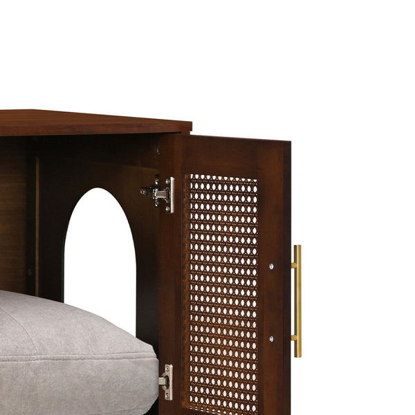English Elm Lars Rubberwood Rattan Dog Crate Cabinet Stylish Pet Kennel for Living Room Walnut N775P397559W