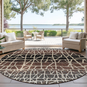HomeRoots 8' Round Geometric Area Rug in Brown, Black & Gray - Stylish, Washable, Durable for Indoor/Outdoor Use 690653