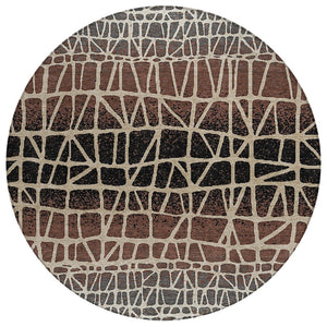 HomeRoots 8' Round Geometric Area Rug in Brown, Black & Gray - Stylish, Washable, Durable for Indoor/Outdoor Use 690653