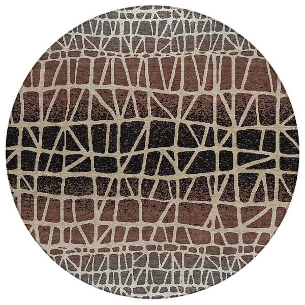 HomeRoots 8' Round Geometric Area Rug in Brown, Black & Gray - Stylish, Washable, Durable for Indoor/Outdoor Use 690653