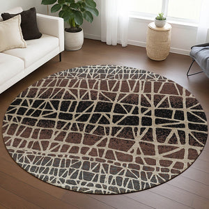 HomeRoots 8' Round Geometric Area Rug in Brown, Black & Gray - Stylish, Washable, Durable for Indoor/Outdoor Use 690653