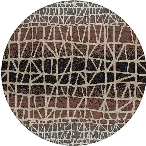 HomeRoots 8' Round Geometric Area Rug in Brown, Black & Gray - Stylish, Washable, Durable for Indoor/Outdoor Use 690653