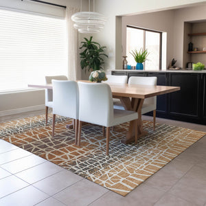 HomeRoots 5' X 8' Copper Brown Beige Geometric Rug - Washable Indoor/Outdoor, Stain-Resistant, Versatile Design 690658