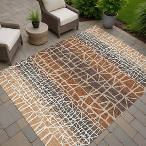 HomeRoots 5' X 8' Copper Brown Beige Geometric Rug - Washable Indoor/Outdoor, Stain-Resistant, Versatile Design 690658