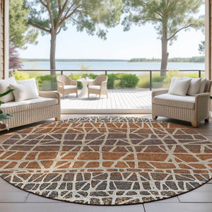 HomeRoots 8' Copper Brown Beige Round Geometric Area Rug – Stylish, Washable, Indoor/Outdoor Decor for All Spaces 690659