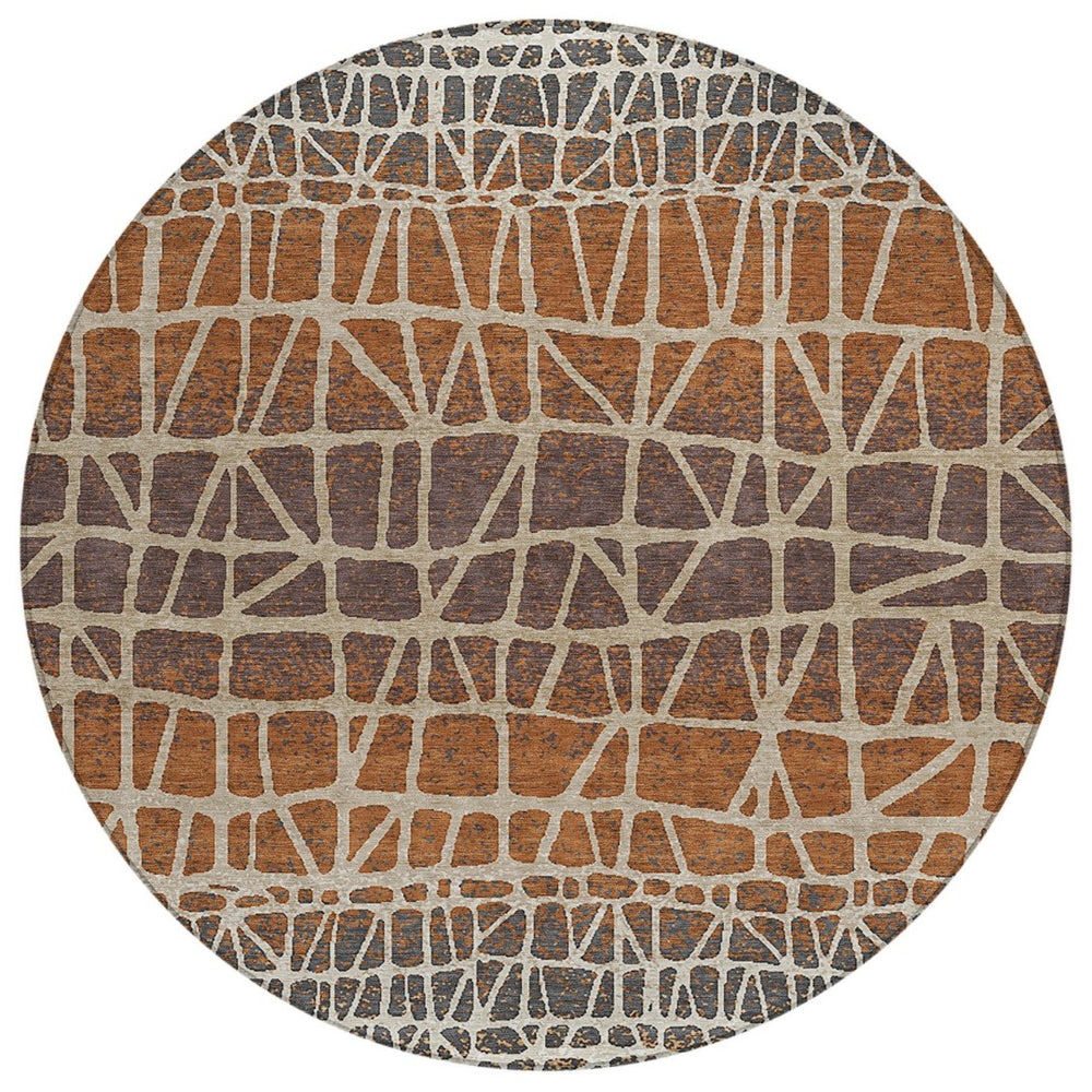 HomeRoots 8' Copper Brown Beige Round Geometric Area Rug – Stylish, Washable, Indoor/Outdoor Decor for All Spaces 690659