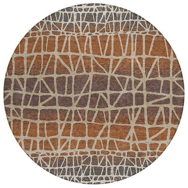 HomeRoots 8' Copper Brown Beige Round Geometric Area Rug – Stylish, Washable, Indoor/Outdoor Decor for All Spaces 690659