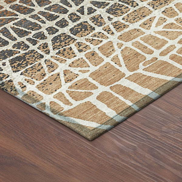 HomeRoots 8' Copper Brown Beige Round Geometric Area Rug – Stylish, Washable, Indoor/Outdoor Decor for All Spaces 690659