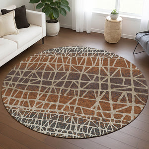 HomeRoots 8' Copper Brown Beige Round Geometric Area Rug – Stylish, Washable, Indoor/Outdoor Decor for All Spaces 690659
